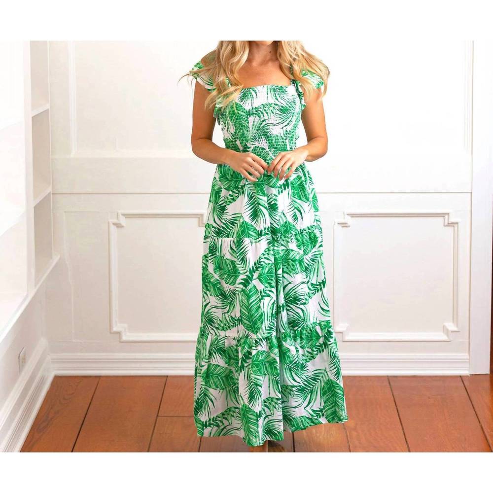 NEW 8 OAK LANE botanical smocked flutter sleeve dress in green